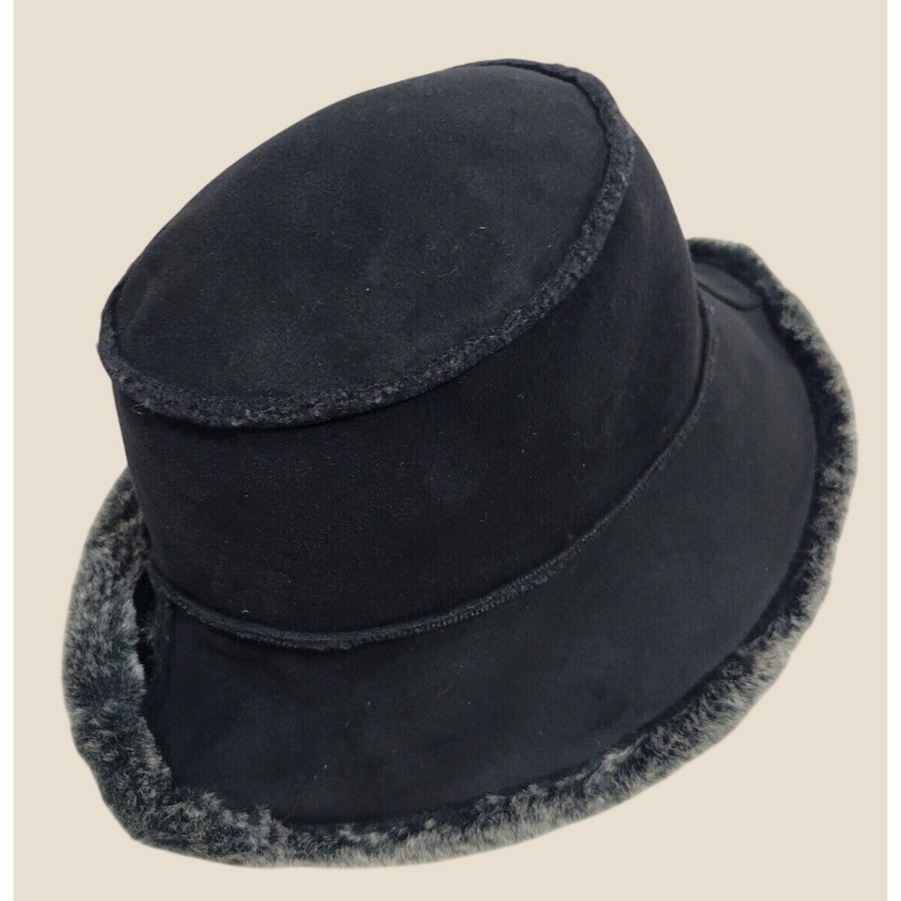 Fownes Bucket Hat Vintage Winter Faux Fur Trim Suede Style Cloche Cap Black Gray